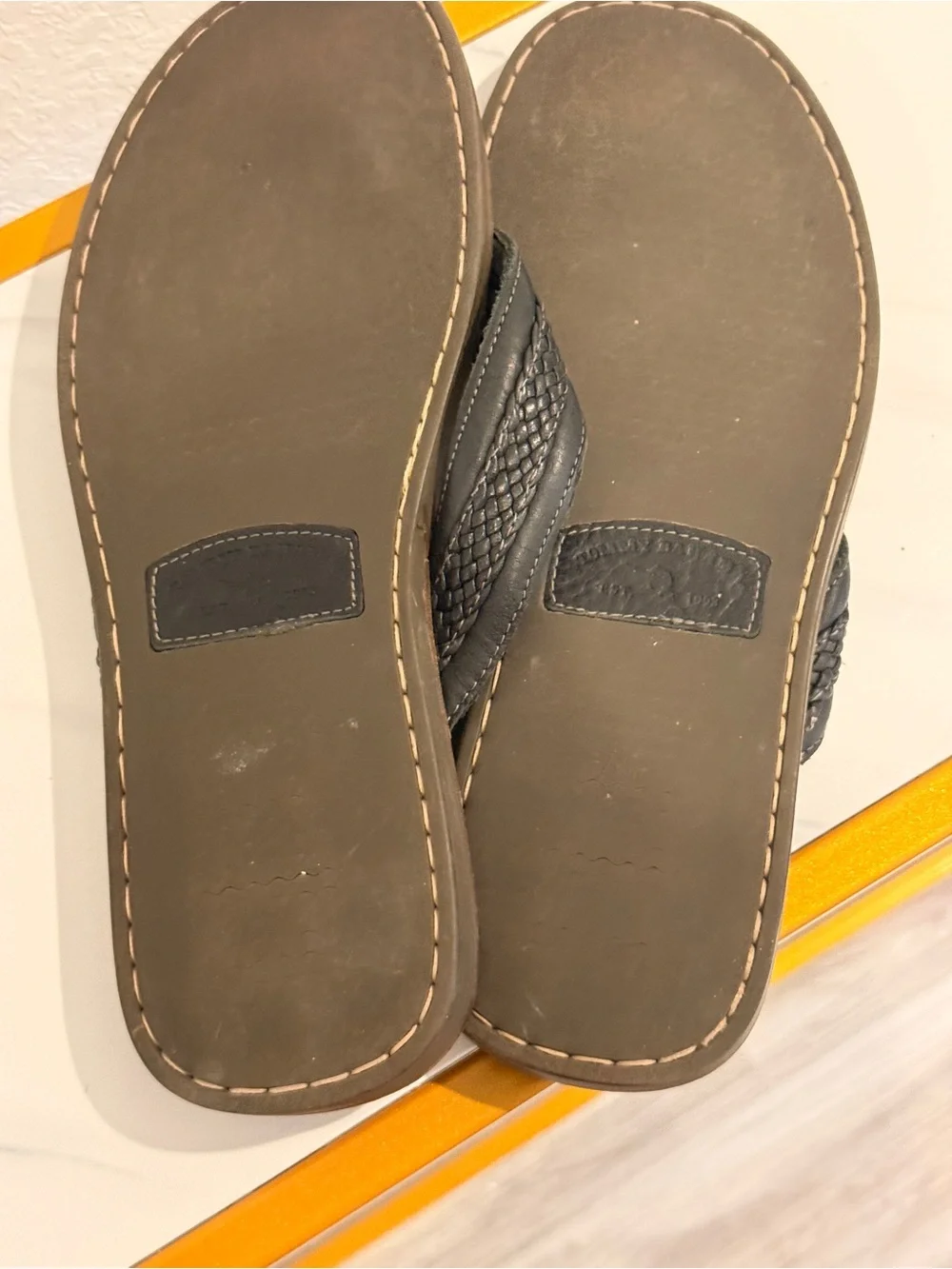3 BUNDLE Brown Leather, Black Thong Sandals with‎ Dolphin Logo (check photos)